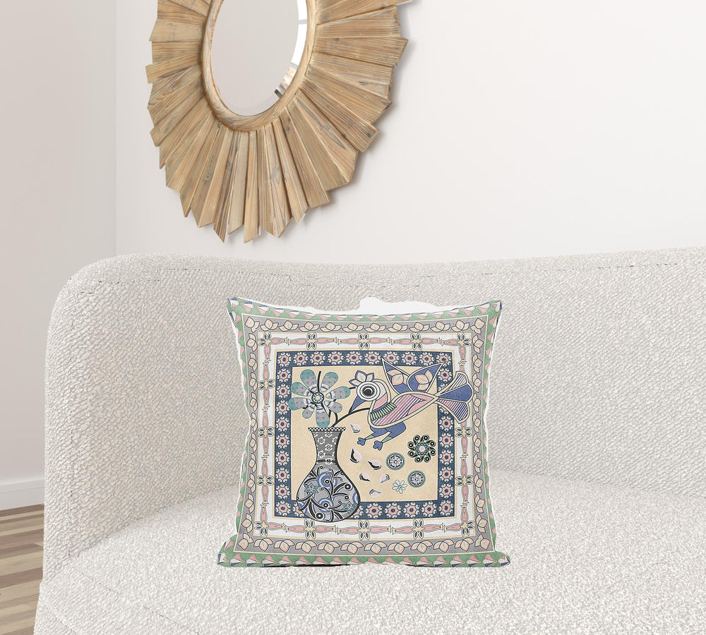 Homeroots 20" X 20" Pink And Green Peacock Broadcloth Floral Zippered Pillow   481140