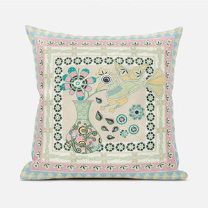 Homeroots 20" X 20" Blue And Beige Peacock Broadcloth Floral Zippered Pillow   481143