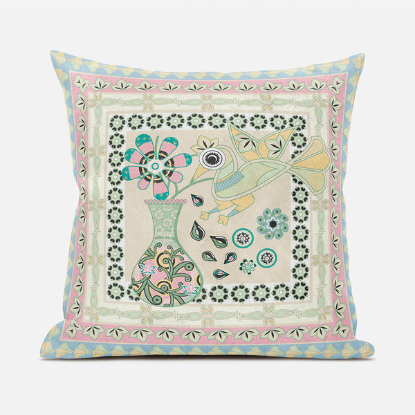 Homeroots 20" X 20" Blue And Beige Peacock Broadcloth Floral Zippered Pillow   481143