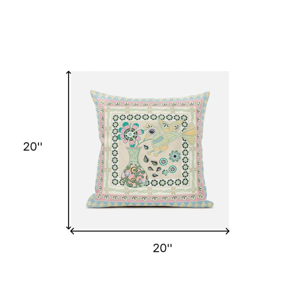 Homeroots 20" X 20" Blue And Beige Peacock Broadcloth Floral Zippered Pillow   481143