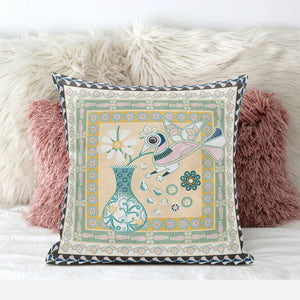 Homeroots 20" X 20" Beige And Black Peacock Broadcloth Floral Zippered Pillow   481146