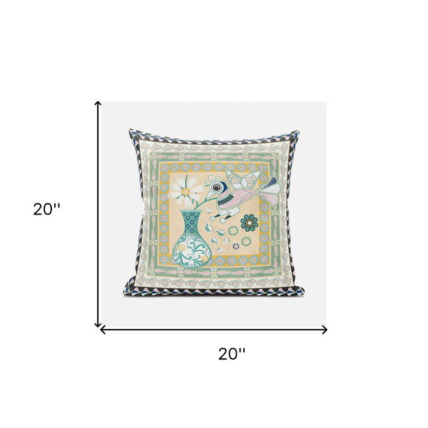 Homeroots 20" X 20" Beige And Black Peacock Broadcloth Floral Zippered Pillow   481146