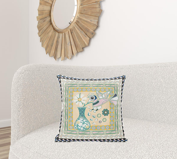 Homeroots 20" X 20" Beige And Black Peacock Broadcloth Floral Zippered Pillow   481146