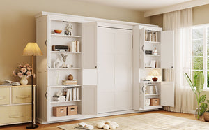 English Elm Full-size Murphy Wall Bed with Sliding Cabinets and Twelve Open Shelves for Studios White LP000919AAK