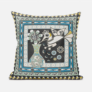 Homeroots 20" X 20" Black And Blue Peacock Broadcloth Floral Zippered Pillow   481149