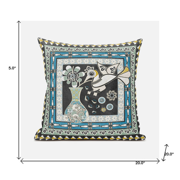 Homeroots 20" X 20" Black And Blue Peacock Broadcloth Floral Zippered Pillow   481149
