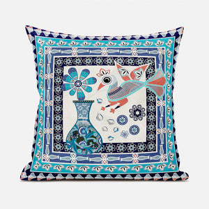 Homeroots 20" X 20" Blue And Off White Peacock Broadcloth Floral Zippered Pillow   481155