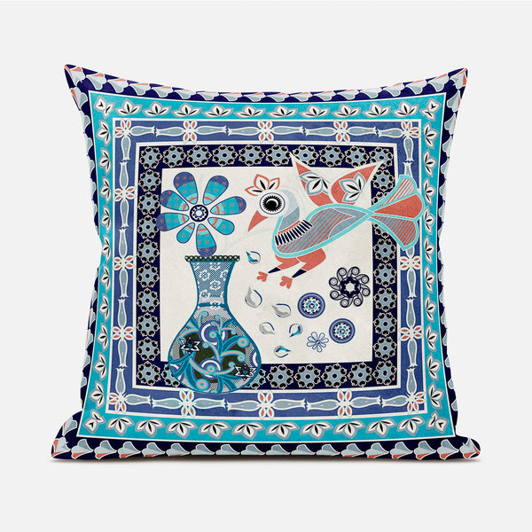 Homeroots 20" X 20" Blue And Off White Peacock Broadcloth Floral Zippered Pillow   481155