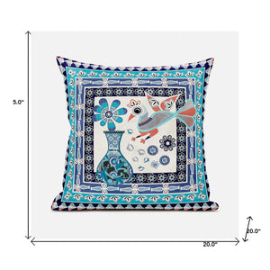 Homeroots 20" X 20" Blue And Off White Peacock Broadcloth Floral Zippered Pillow   481155