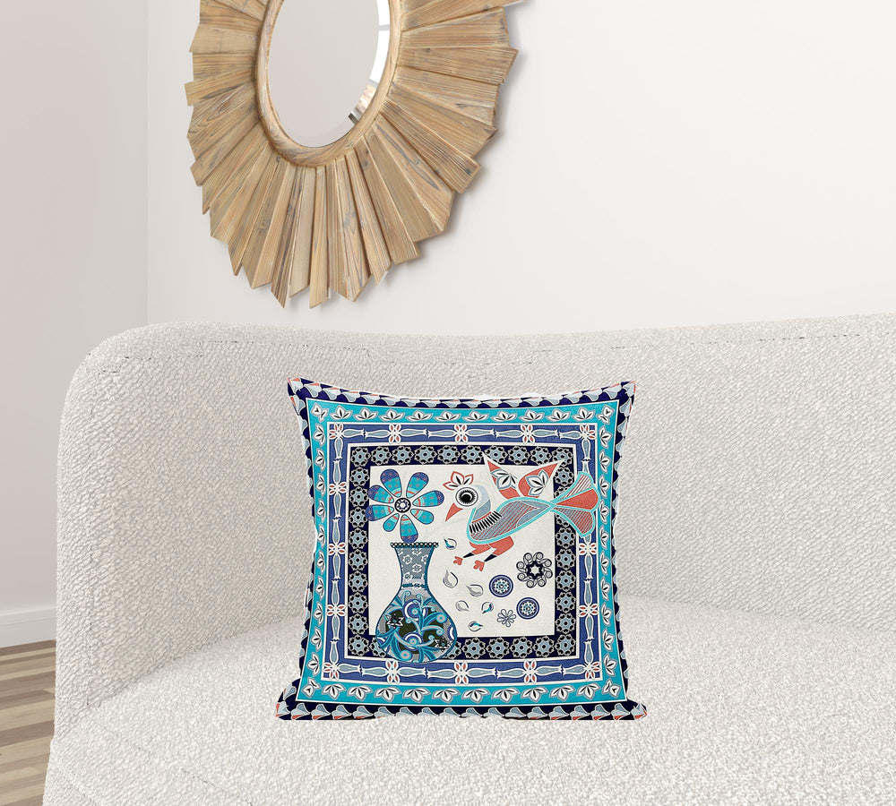 Homeroots 20" X 20" Blue And Off White Peacock Broadcloth Floral Zippered Pillow   481155