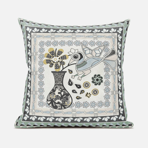 Homeroots 20" X 20" Black And Gray Peacock Broadcloth Floral Zippered Pillow   481161