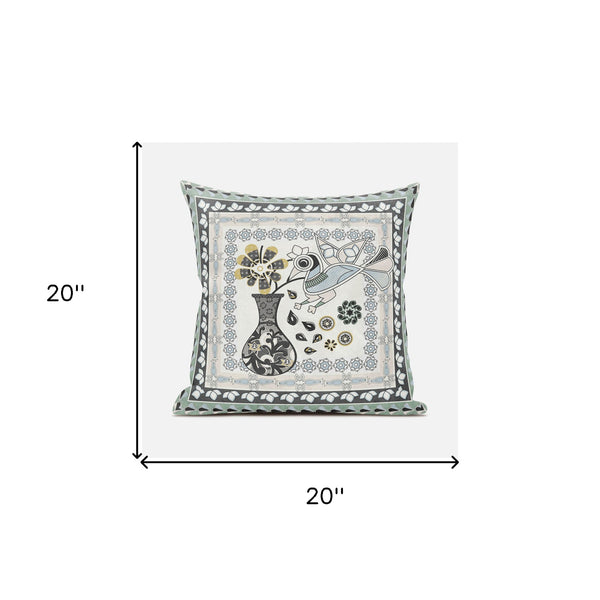 Homeroots 20" X 20" Black And Gray Peacock Broadcloth Floral Zippered Pillow   481161