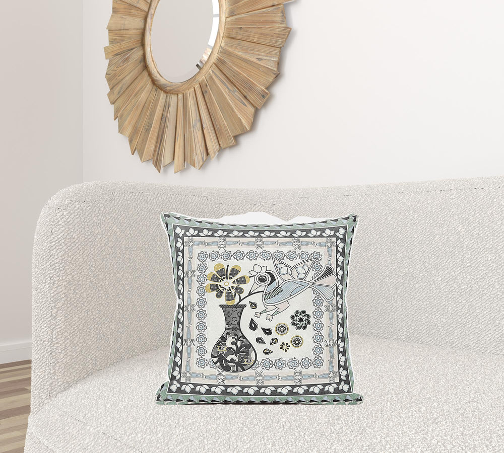 Homeroots 20" X 20" Black And Gray Peacock Broadcloth Floral Zippered Pillow   481161