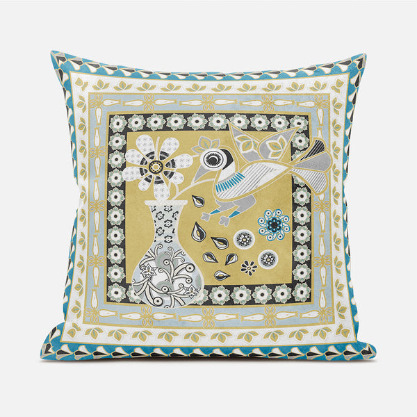 Homeroots 20" X 20" Beige And White Peacock Broadcloth Floral Zippered Pillow   481173