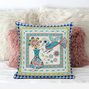 Homeroots 20" X 20" Blue And Gold Peacock Broadcloth Floral Zippered Pillow   481176