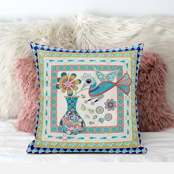 Homeroots 20" X 20" Blue And Gold Peacock Broadcloth Floral Zippered Pillow   481176