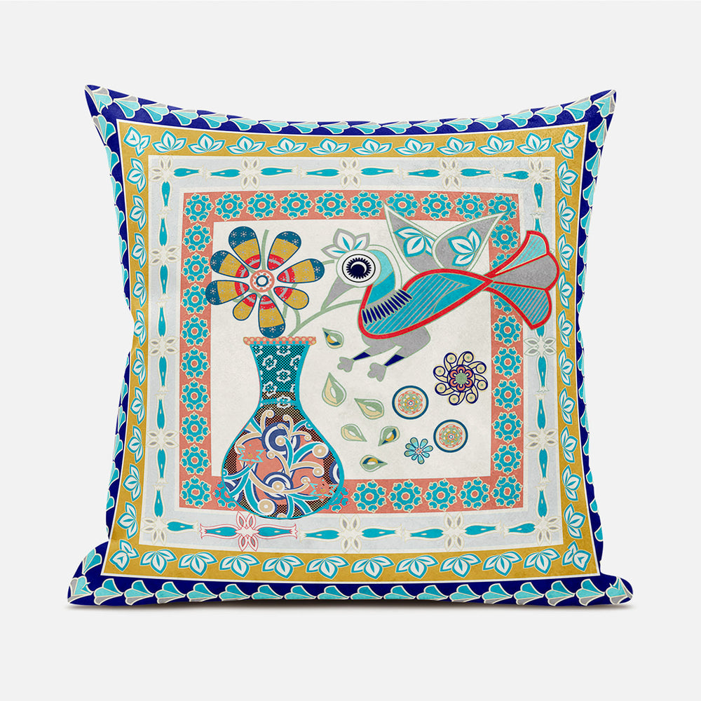 Homeroots 20" X 20" Blue And Gold Peacock Broadcloth Floral Zippered Pillow   481176