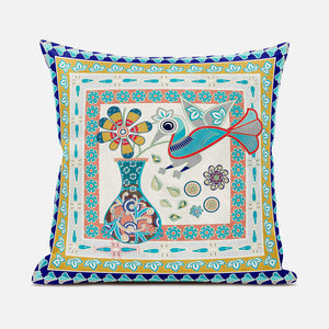 Homeroots 20" X 20" Blue And Gold Peacock Broadcloth Floral Zippered Pillow   481176