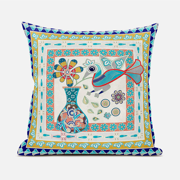 Homeroots 20" X 20" Blue And Gold Peacock Broadcloth Floral Zippered Pillow   481176