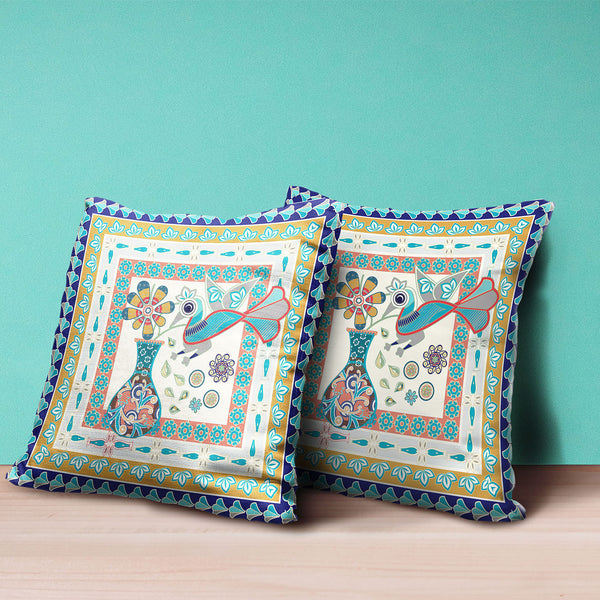 Homeroots 20" X 20" Blue And Gold Peacock Broadcloth Floral Zippered Pillow   481176