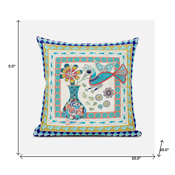 Homeroots 20" X 20" Blue And Gold Peacock Broadcloth Floral Zippered Pillow   481176