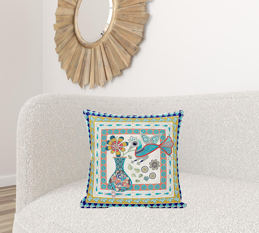 Homeroots 20" X 20" Blue And Gold Peacock Broadcloth Floral Zippered Pillow   481176