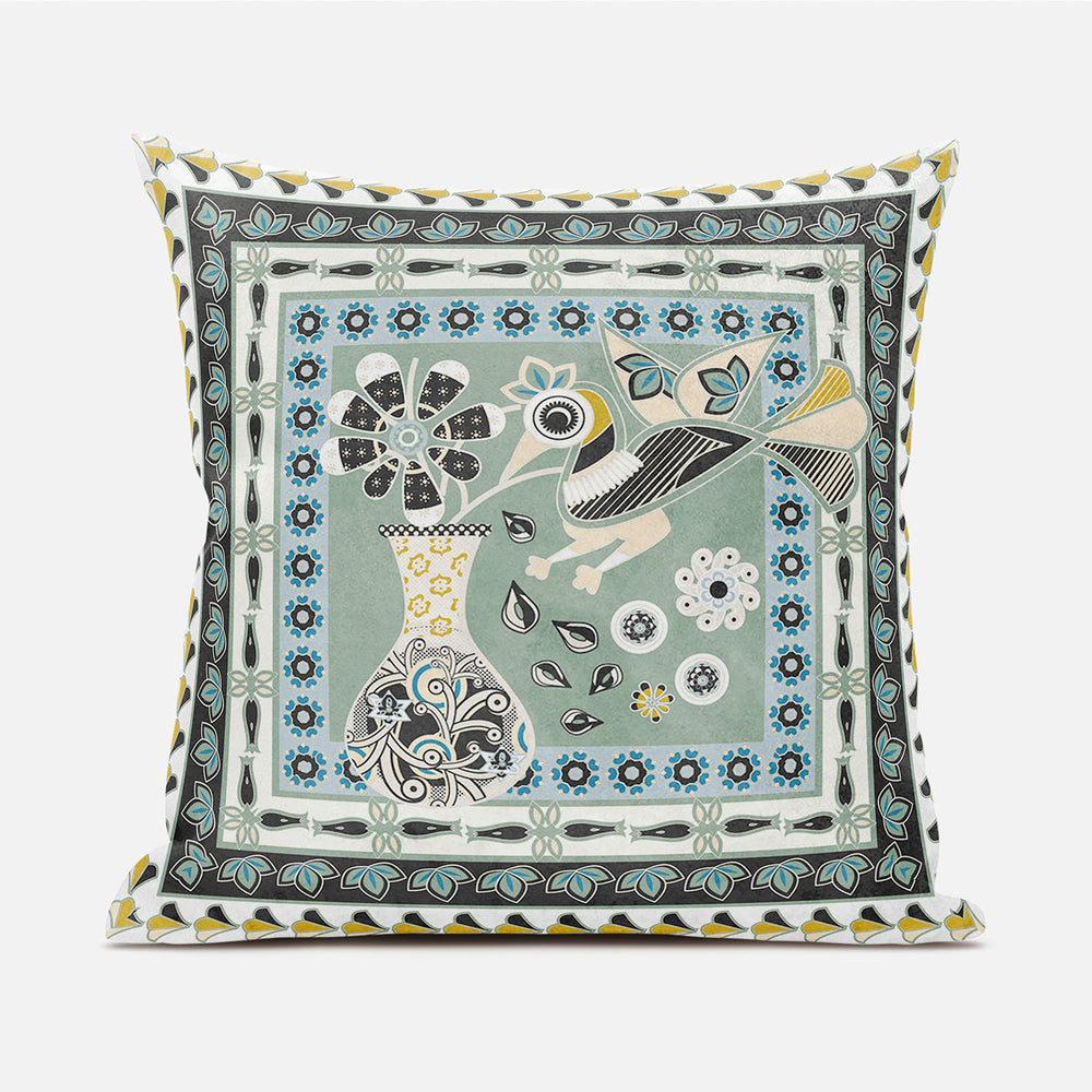 Homeroots 20" X 20" Green And Black Peacock Broadcloth Floral Zippered Pillow   481179