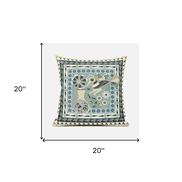 Homeroots 20" X 20" Green And Black Peacock Broadcloth Floral Zippered Pillow   481179