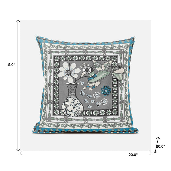 Homeroots 20" X 20" Black Gray And White Peacock Broadcloth Floral Zippered Pillow   481185