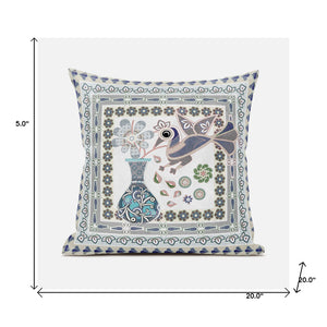 Homeroots 20" X 20" Blue And Gray Peacock Broadcloth Floral Zippered Pillow   481188