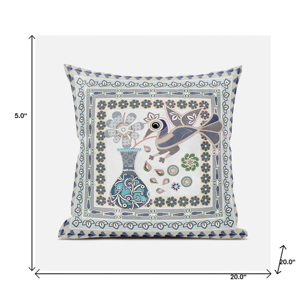 Homeroots 20" X 20" Blue And Gray Peacock Broadcloth Floral Zippered Pillow   481188