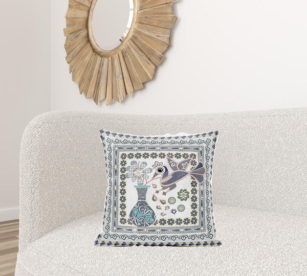 Homeroots 20" X 20" Blue And Gray Peacock Broadcloth Floral Zippered Pillow   481188