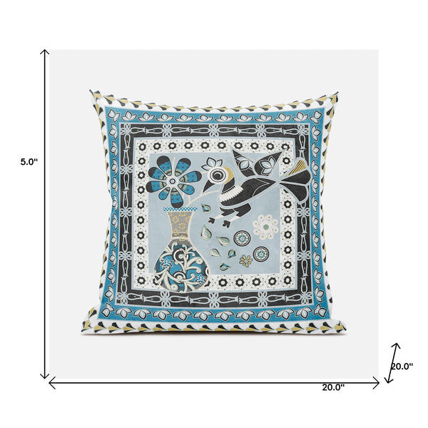 Homeroots 20" X 20" Blue And Black Peacock Broadcloth Floral Zippered Pillow   481194