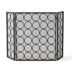 English Elm Christopher Knight Home® - FIRE Three-Panel Iron Firescreen Black Silver — Foldable Mesh Spark Guard with Chic Circular Pattern, 30" H 65179.00BLKSILV