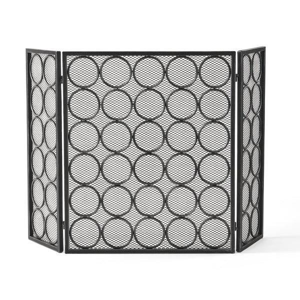 English Elm Christopher Knight Home® - FIRE Three-Panel Iron Firescreen Black Silver — Foldable Mesh Spark Guard with Chic Circular Pattern, 30" H 65179.00BLKSILV