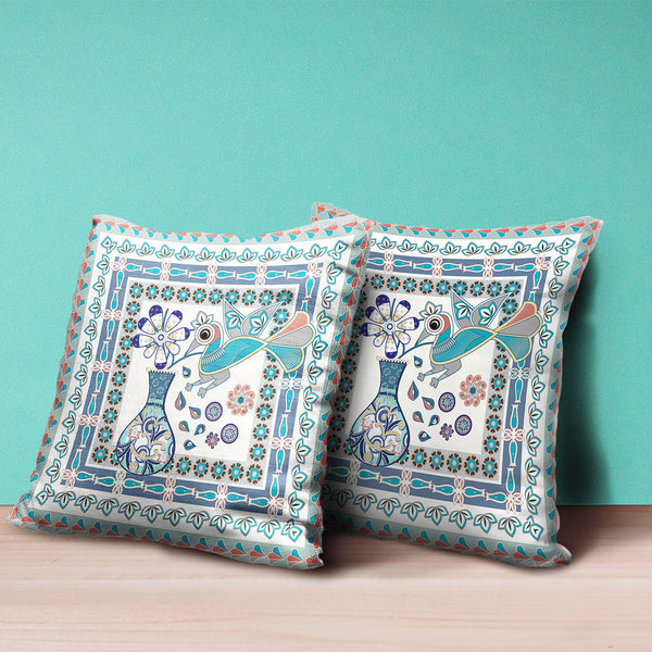 Homeroots 20" X 20" Blue And Off White Peacock Broadcloth Floral Zippered Pillow   481200