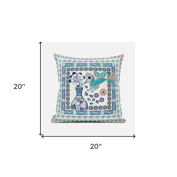 Homeroots 20" X 20" Blue And Off White Peacock Broadcloth Floral Zippered Pillow   481200