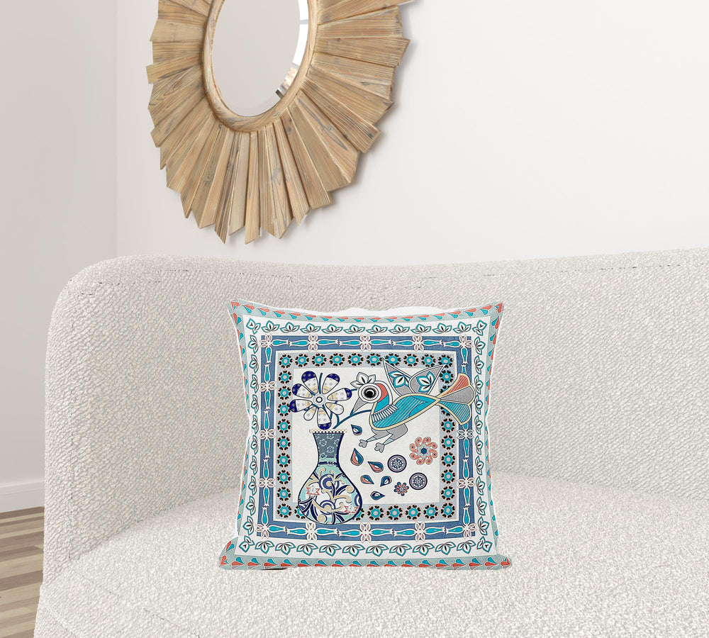 Homeroots 20" X 20" Blue And Off White Peacock Broadcloth Floral Zippered Pillow   481200