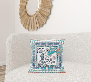 Homeroots 20" X 20" Blue And Off White Peacock Broadcloth Floral Zippered Pillow   481200