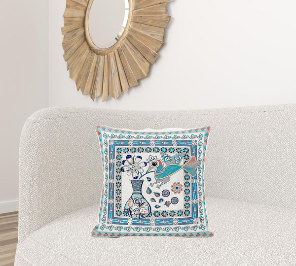 Homeroots 20" X 20" Blue And Off White Peacock Broadcloth Floral Zippered Pillow   481200