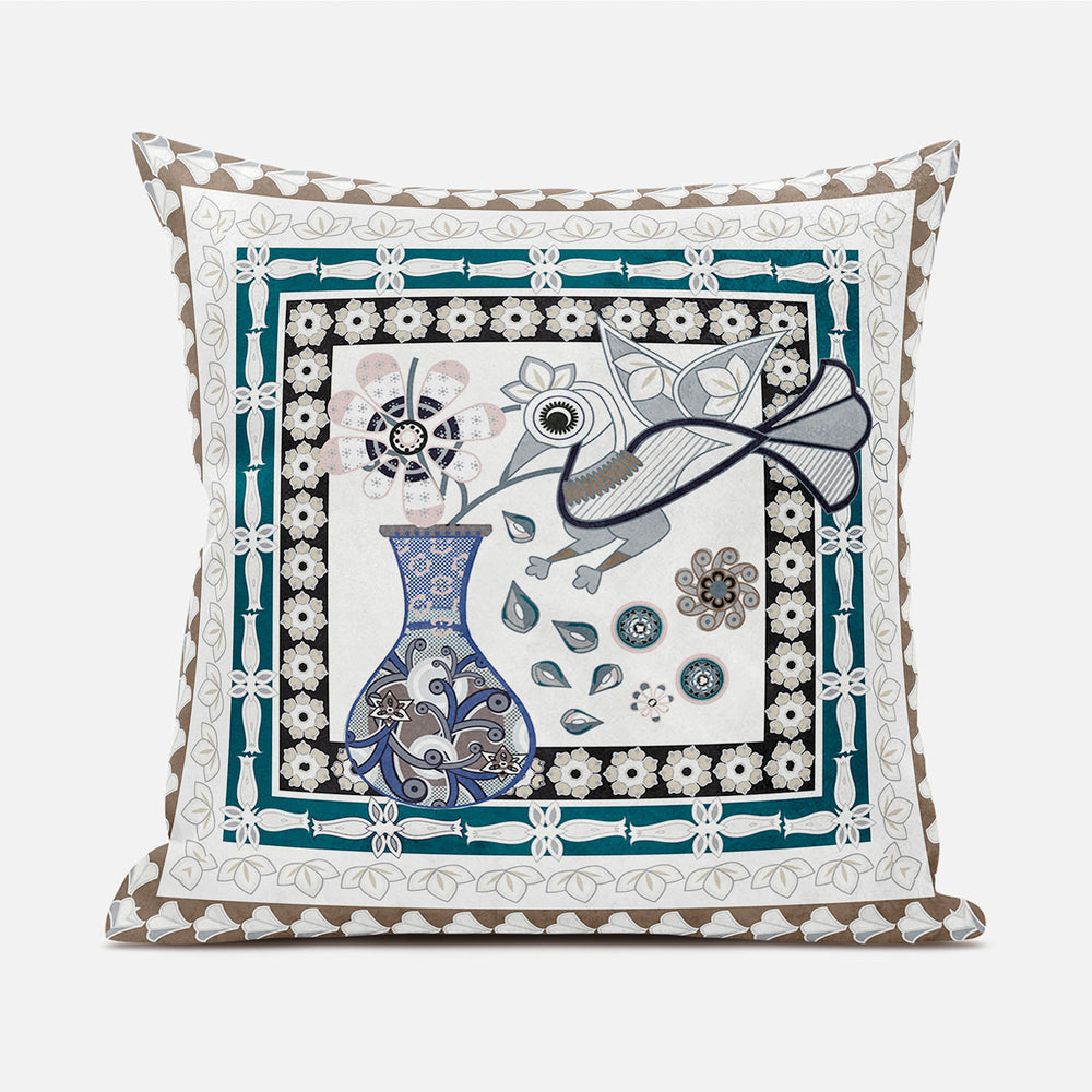 Homeroots 20" X 20" Beige And Aqua Peacock Broadcloth Floral Zippered Pillow   481203