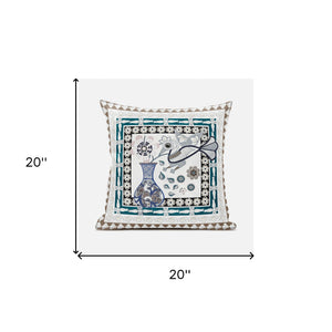 Homeroots 20" X 20" Beige And Aqua Peacock Broadcloth Floral Zippered Pillow   481203