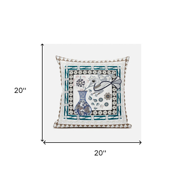 Homeroots 20" X 20" Beige And Aqua Peacock Broadcloth Floral Zippered Pillow   481203