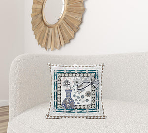 Homeroots 20" X 20" Beige And Aqua Peacock Broadcloth Floral Zippered Pillow   481203