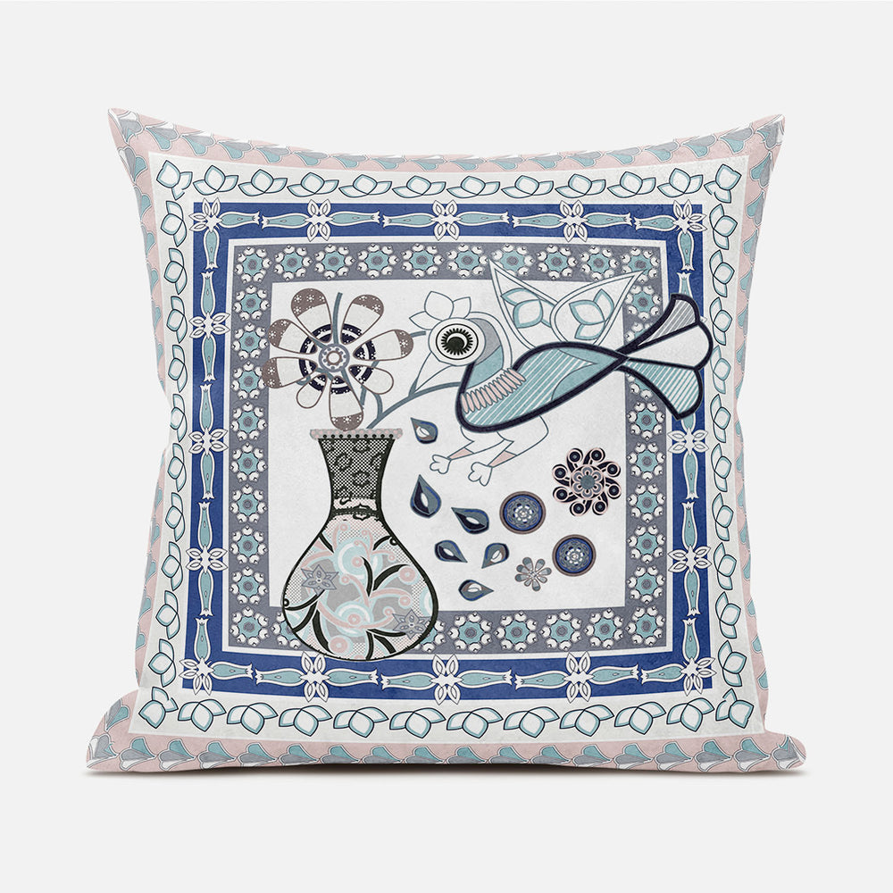 Homeroots 20" X 20" Beige And White Peacock Broadcloth Floral Zippered Pillow   481209