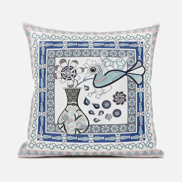 Homeroots 20" X 20" Beige And White Peacock Broadcloth Floral Zippered Pillow   481209