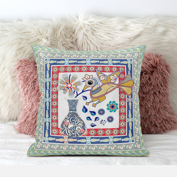 Homeroots 20" X 20" Red White And Blue Peacock Broadcloth Floral Zippered Pillow   481218