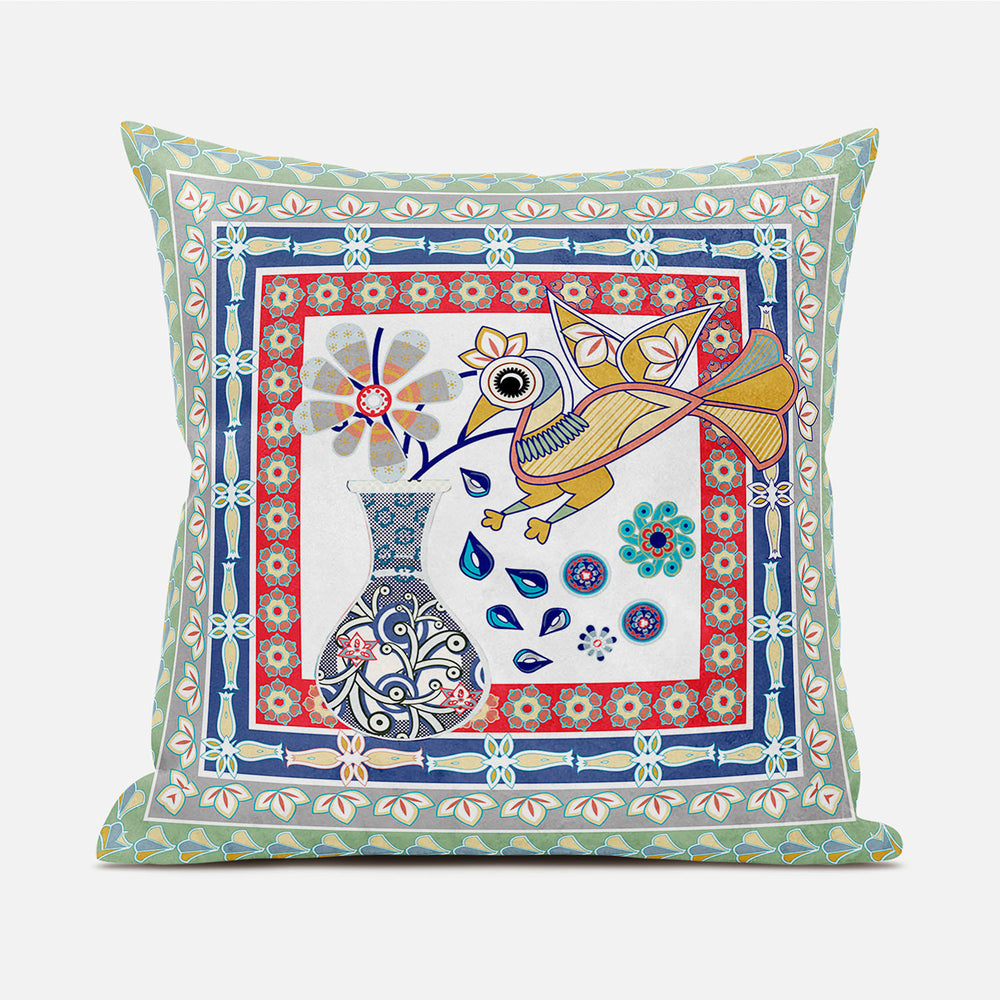 Homeroots 20" X 20" Red White And Blue Peacock Broadcloth Floral Zippered Pillow   481218