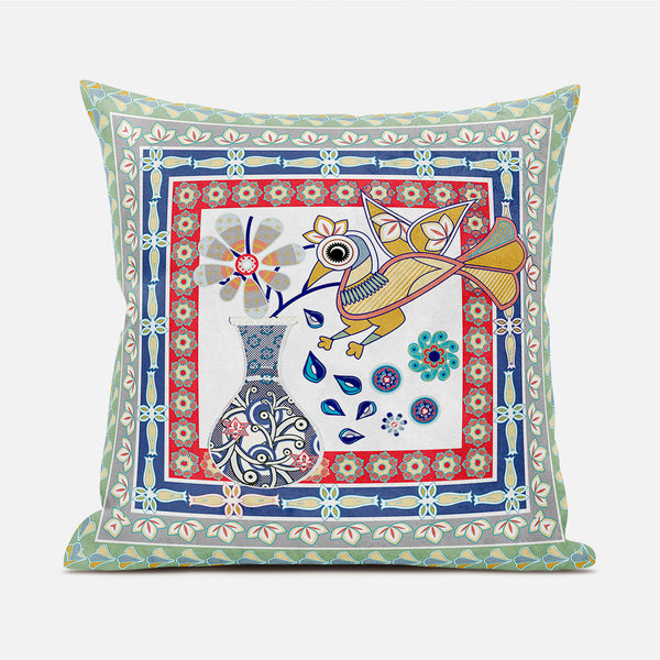 Homeroots 20" X 20" Red White And Blue Peacock Broadcloth Floral Zippered Pillow   481218