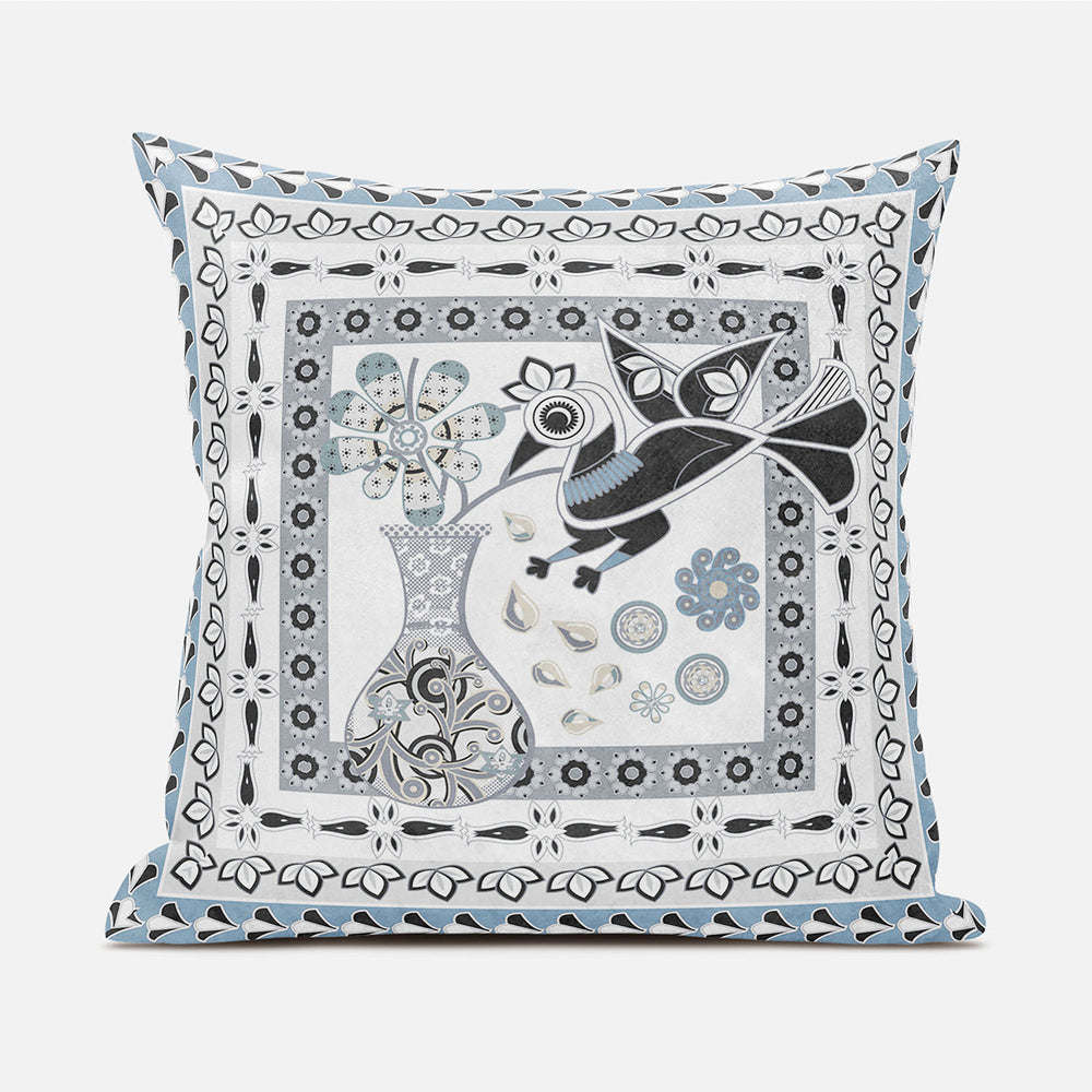 Homeroots 20" X 20" Black Gray And White Peacock Broadcloth Floral Zippered Pillow   481224